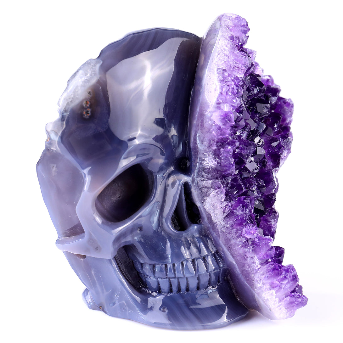 4.9” Natural Amethyst Druse Agate Hand Carved Crystal Geode Skull Sculpture crysvibe