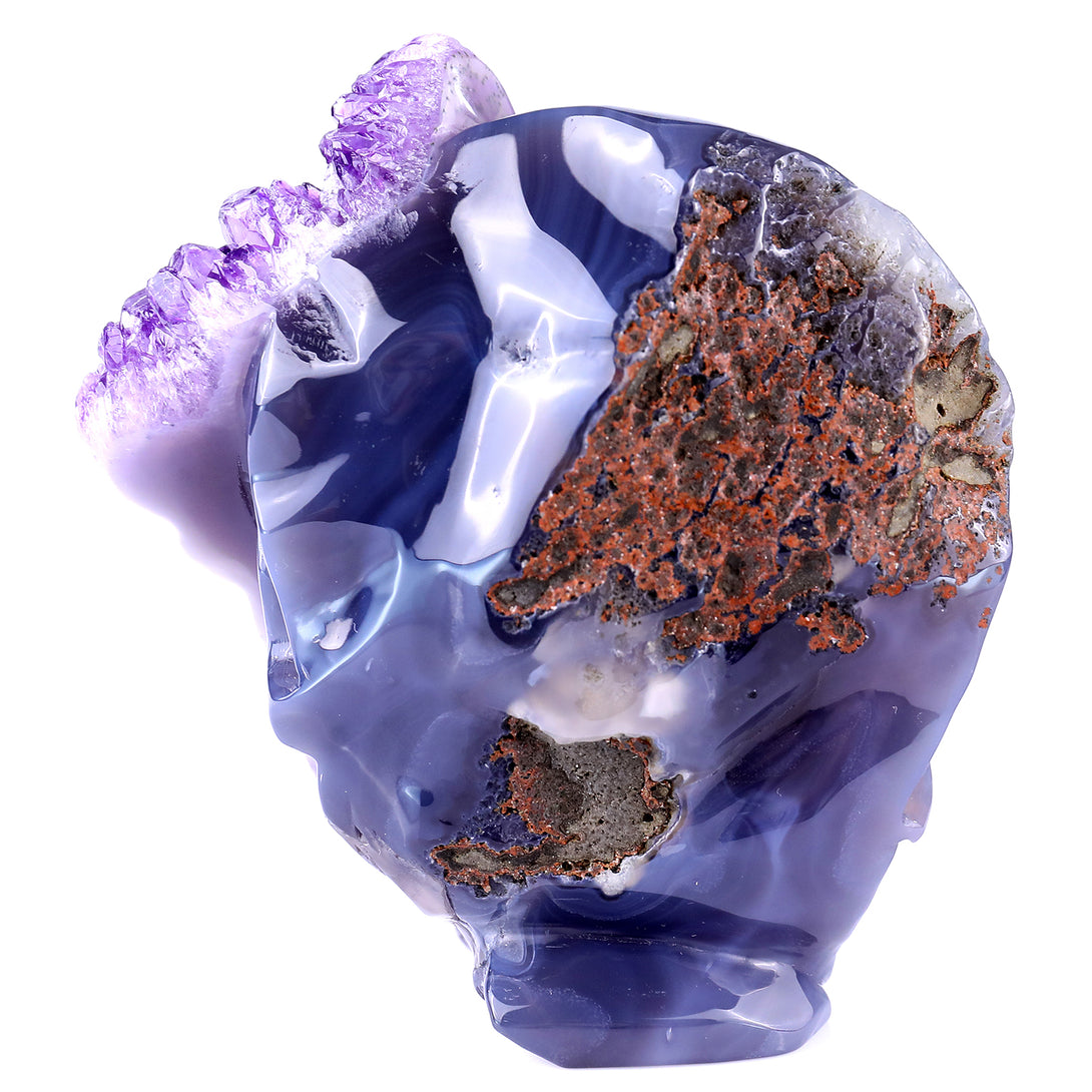 4.9” Natural Amethyst Druse Agate Hand Carved Crystal Geode Skull Sculpture crysvibe