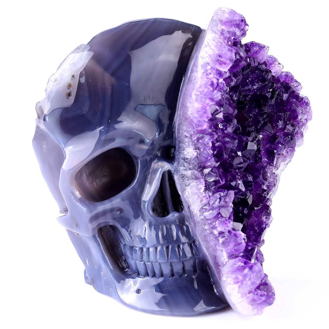 4.9” Natural Amethyst Druse Agate Hand Carved Crystal Geode Skull Sculpture crysvibe