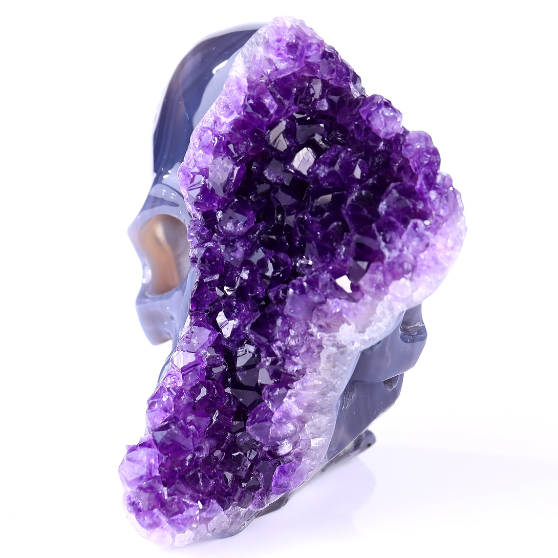 4.9” Natural Amethyst Druse Agate Hand Carved Crystal Geode Skull Sculpture crysvibe