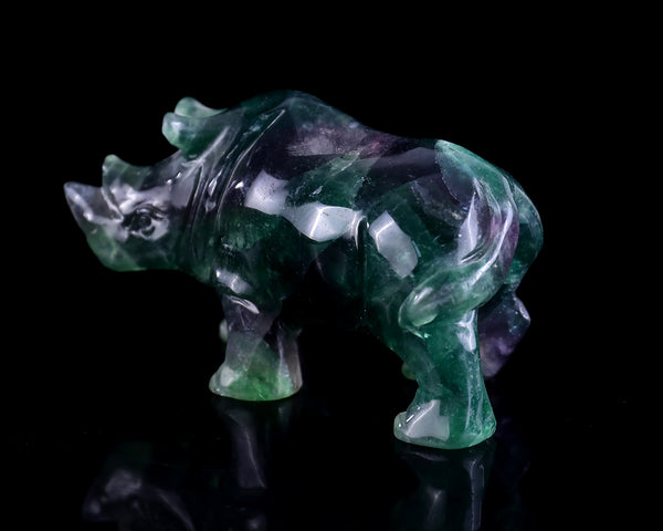 3.9"Fluorite Hand Carved Crystal Rhinoceros Sculpture