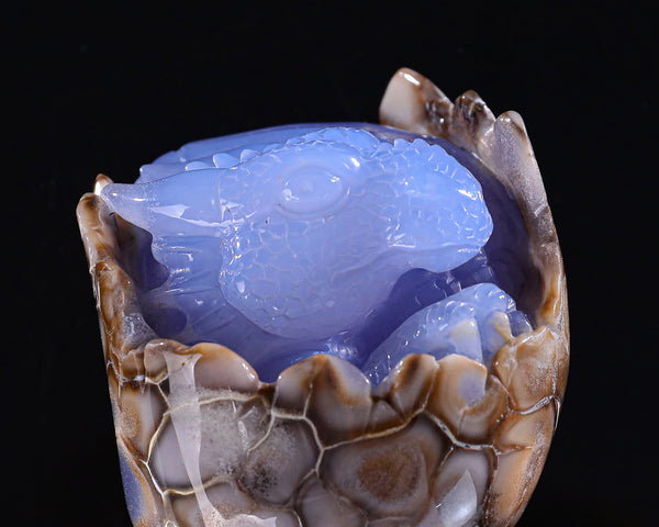 3.4" Blue Chalcedony Hand Carved Crystal Dinosaur Baby Egg Sculpture