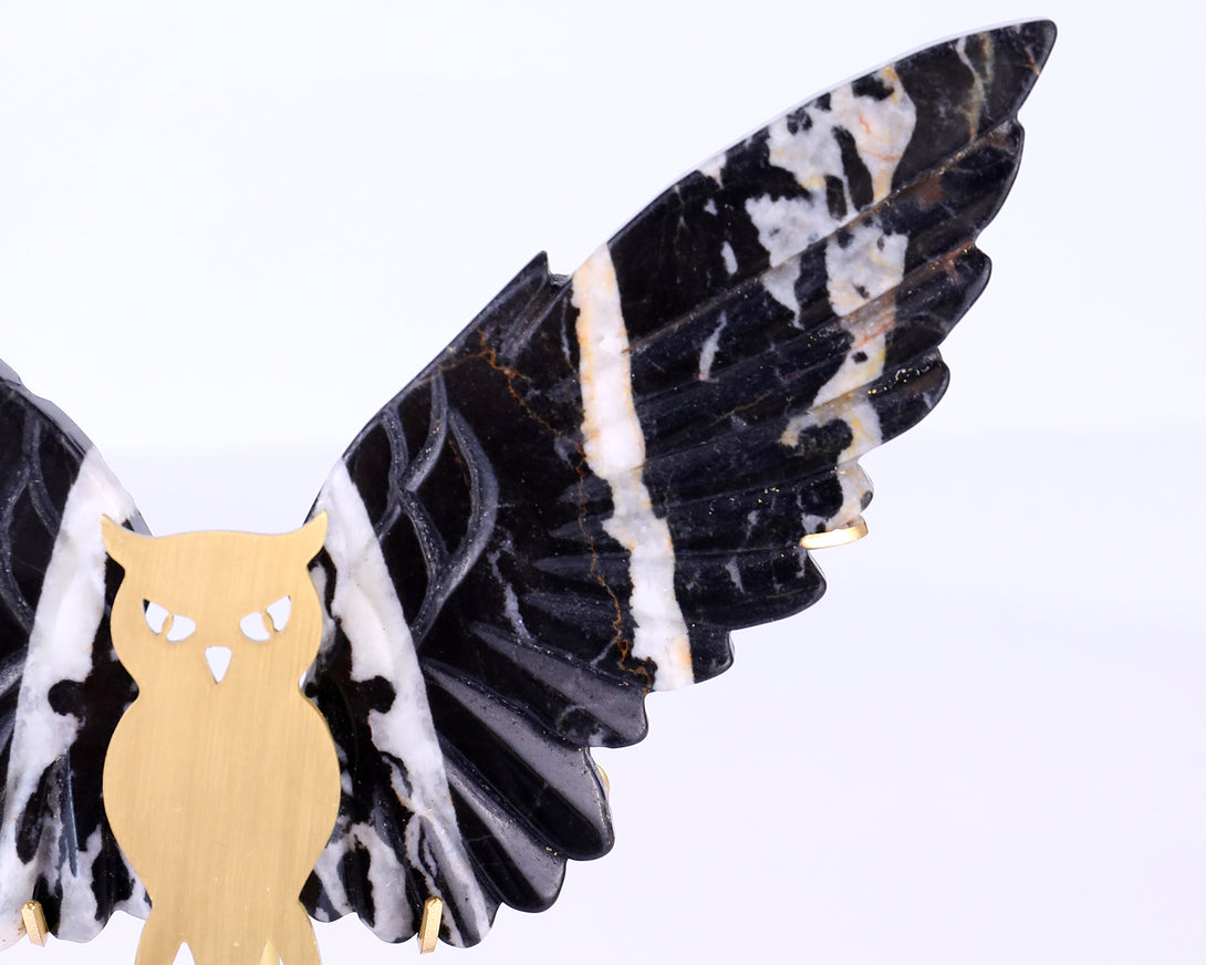 5.0" Black and White Zebra Agate Hand Carved Crystal Owl Wings Sculpture crysvibe