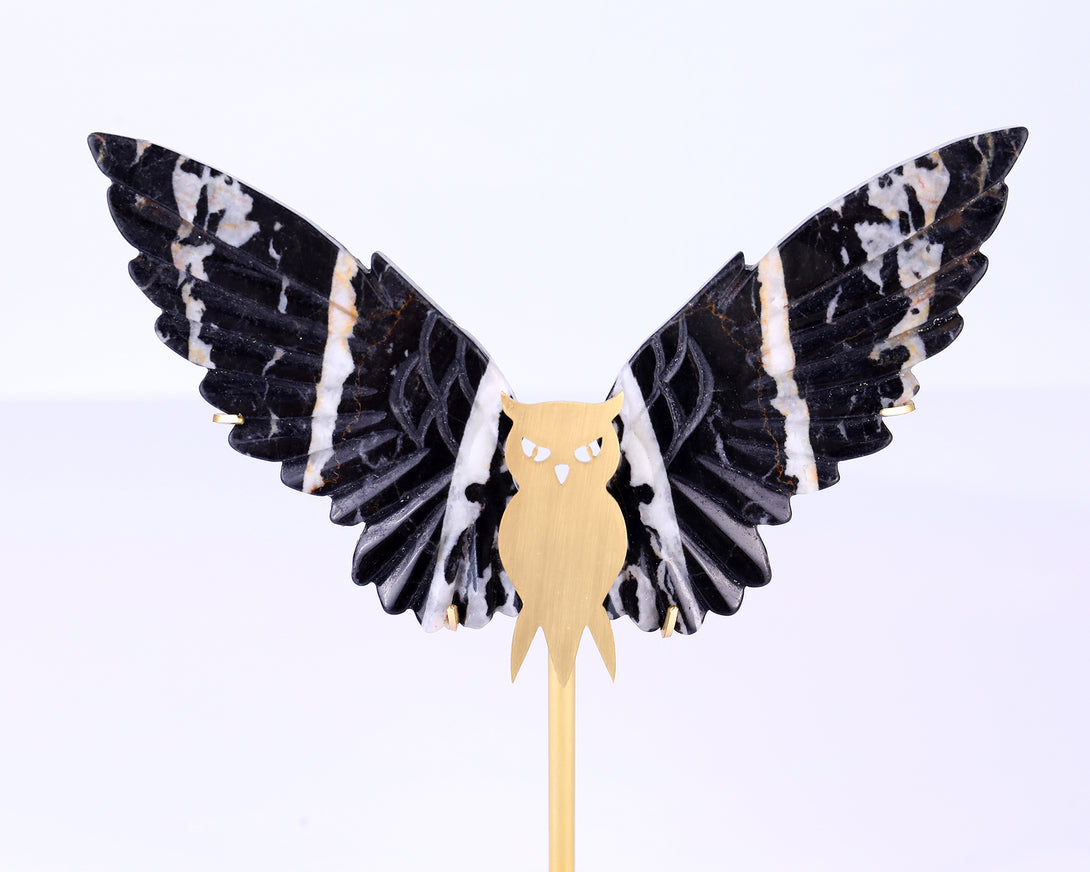 5.0" Black and White Zebra Agate Hand Carved Crystal Owl Wings Sculpture crysvibe