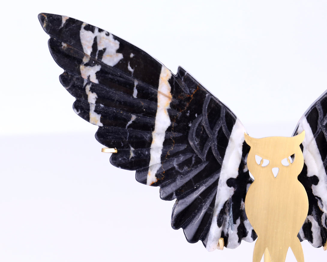 5.0" Black and White Zebra Agate Hand Carved Crystal Owl Wings Sculpture crysvibe