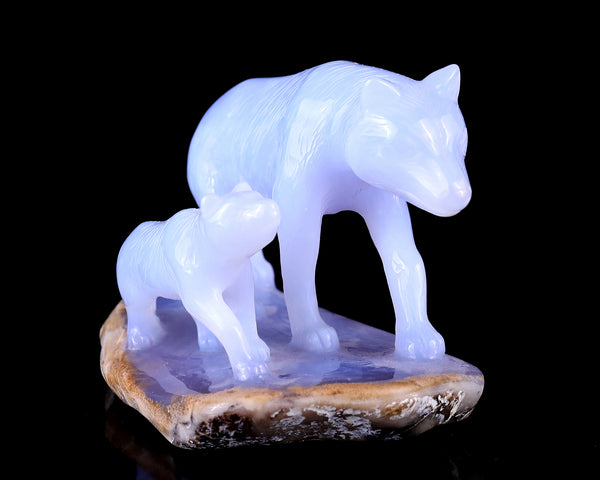 5.0" Blue Chalcedony Hand Carved Crystal Wolves Sculpture crysvibe