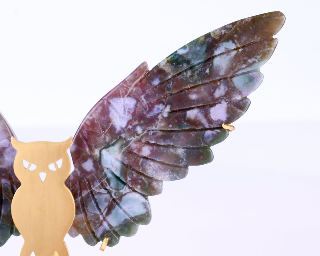 5.0" Indian Agate Hand Carved Crystal Owl Wings Sculpture crysvibe