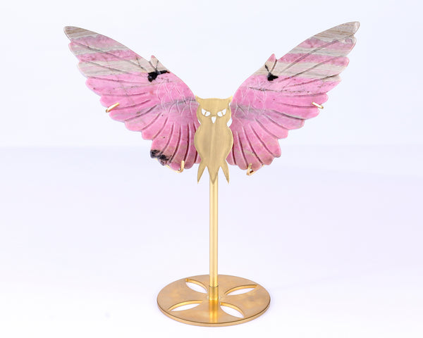 5.0" Rhodonite Hand Carved Crystal Owl Wings Sculpture crysvibe