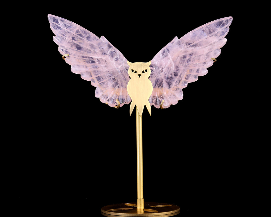 5.0" Rose Quartz Hand Carved Crystal Owl Wings Sculpture crysvibe