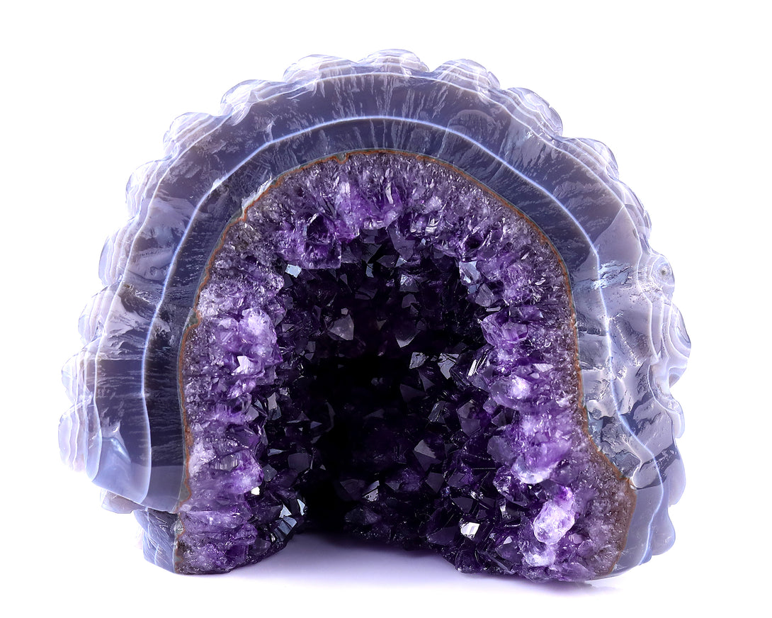 5.1" Amethyst Druse Agate Hand Carved Crystal Geode Skull Sculpture crysvibe