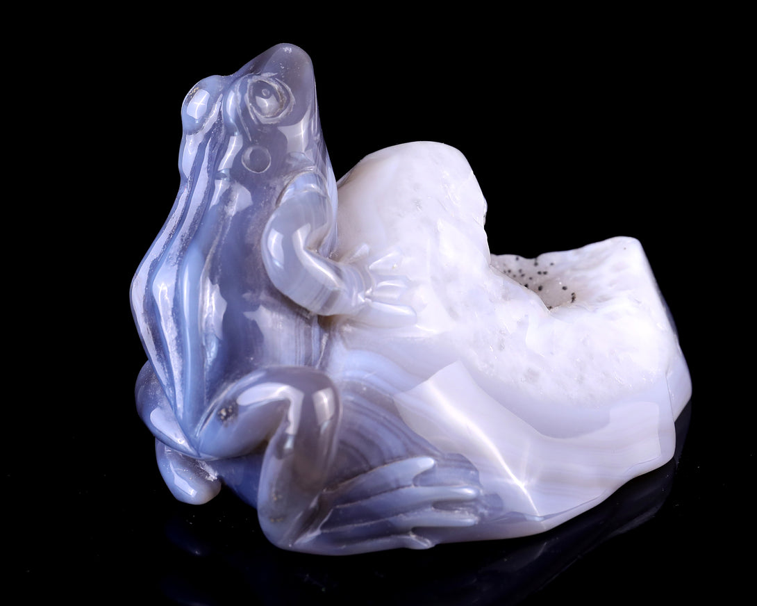 5.1" Geode Agate Hand Carved Crystal Frog Sculpture crysvibe