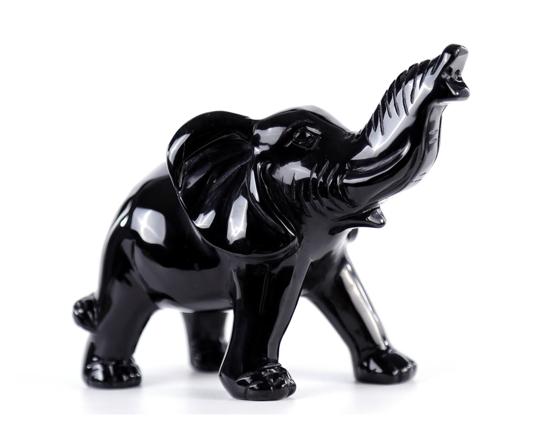 5.2" Black Obsidian Hand Carved Crystal Elephant Sculpture crysvibe