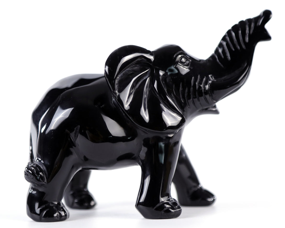 5.2" Black Obsidian Hand Carved Crystal Elephant Sculpture crysvibe