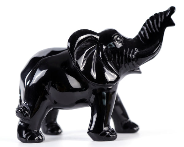 5.2" Black Obsidian Hand Carved Crystal Elephant Sculpture crysvibe