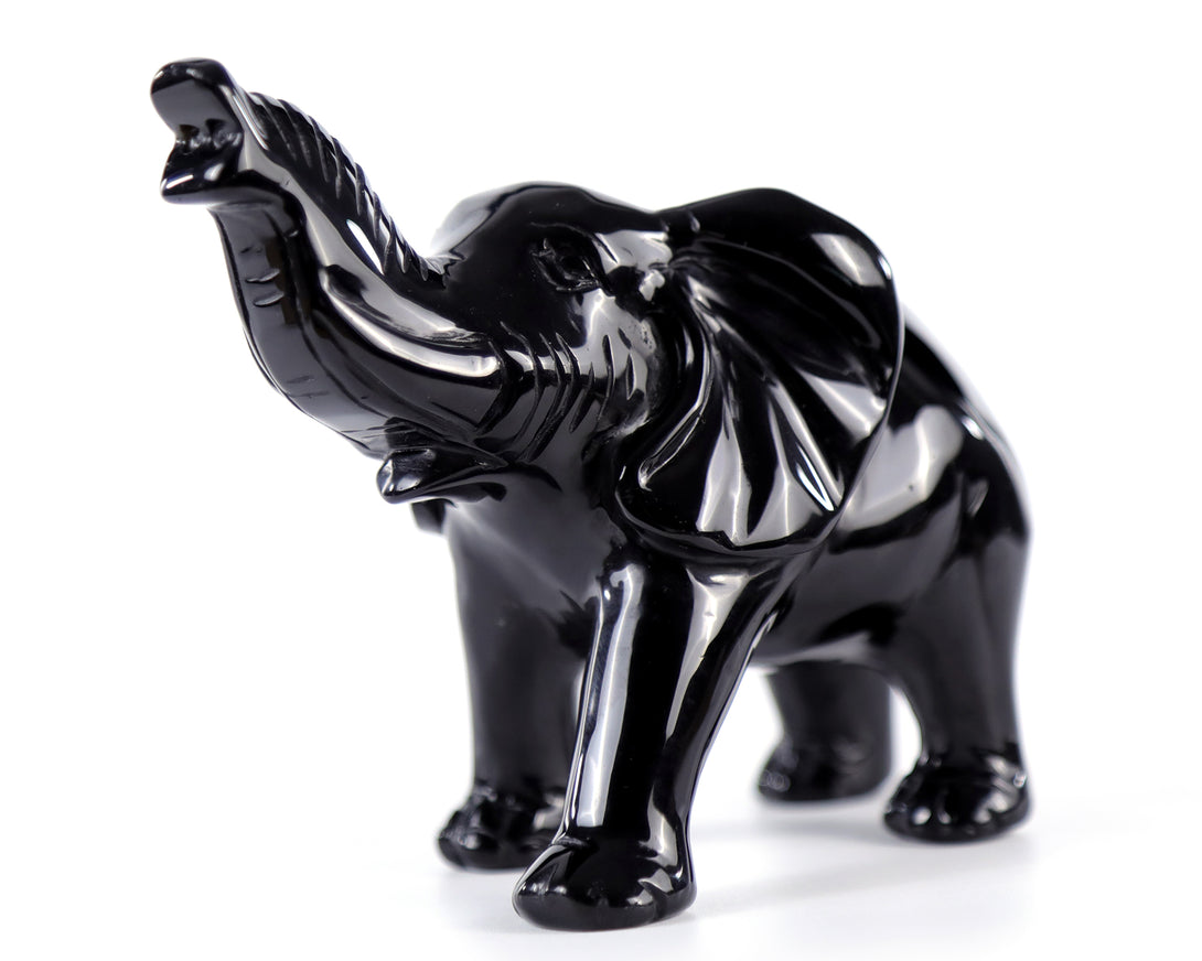 5.2" Black Obsidian Hand Carved Crystal Elephant Sculpture crysvibe