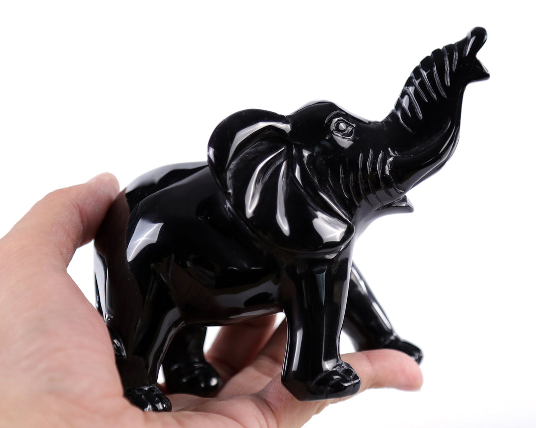 5.2" Black Obsidian Hand Carved Crystal Elephant Sculpture crysvibe