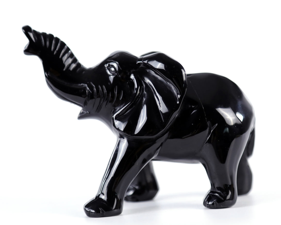 5.2" Black Obsidian Hand Carved Crystal Elephant Sculpture crysvibe