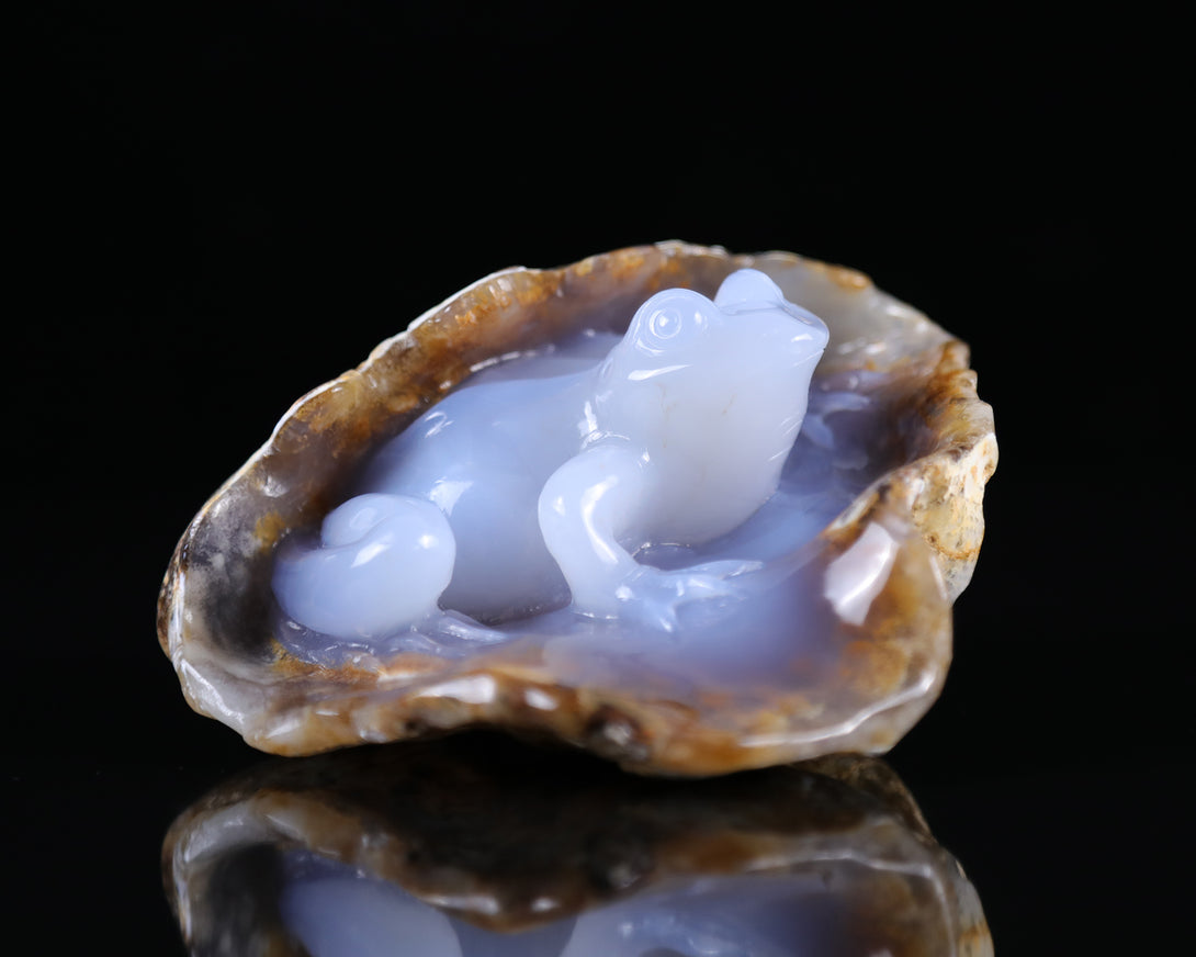 5.2" Blue Chalcedony Hand Carved Crystal Geode Frog Sculpture crysvibe