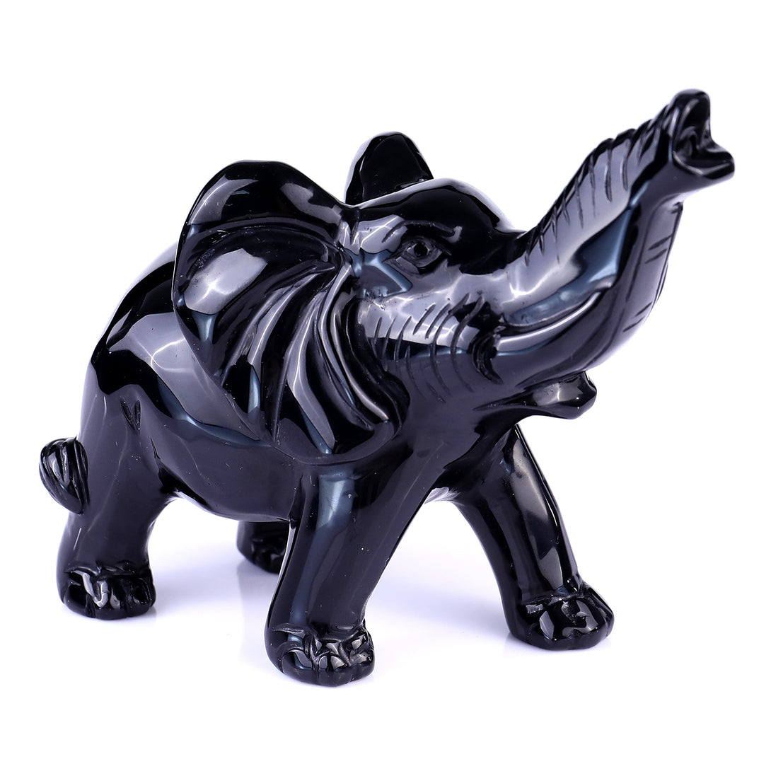 5.3" Black Obsidian Hand Carved Crystal Elephant Sculpture crysvibe