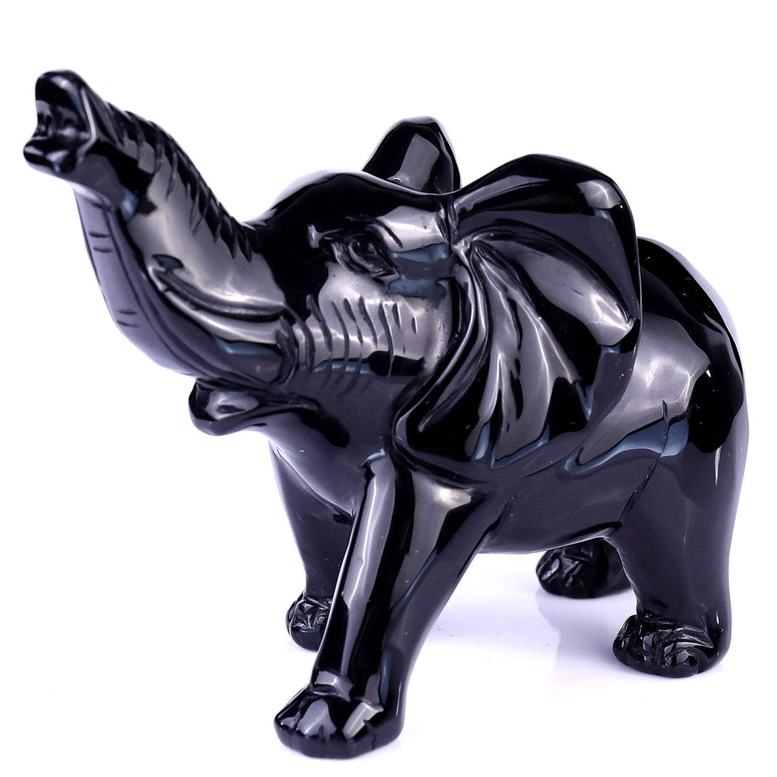 5.3" Black Obsidian Hand Carved Crystal Elephant Sculpture crysvibe