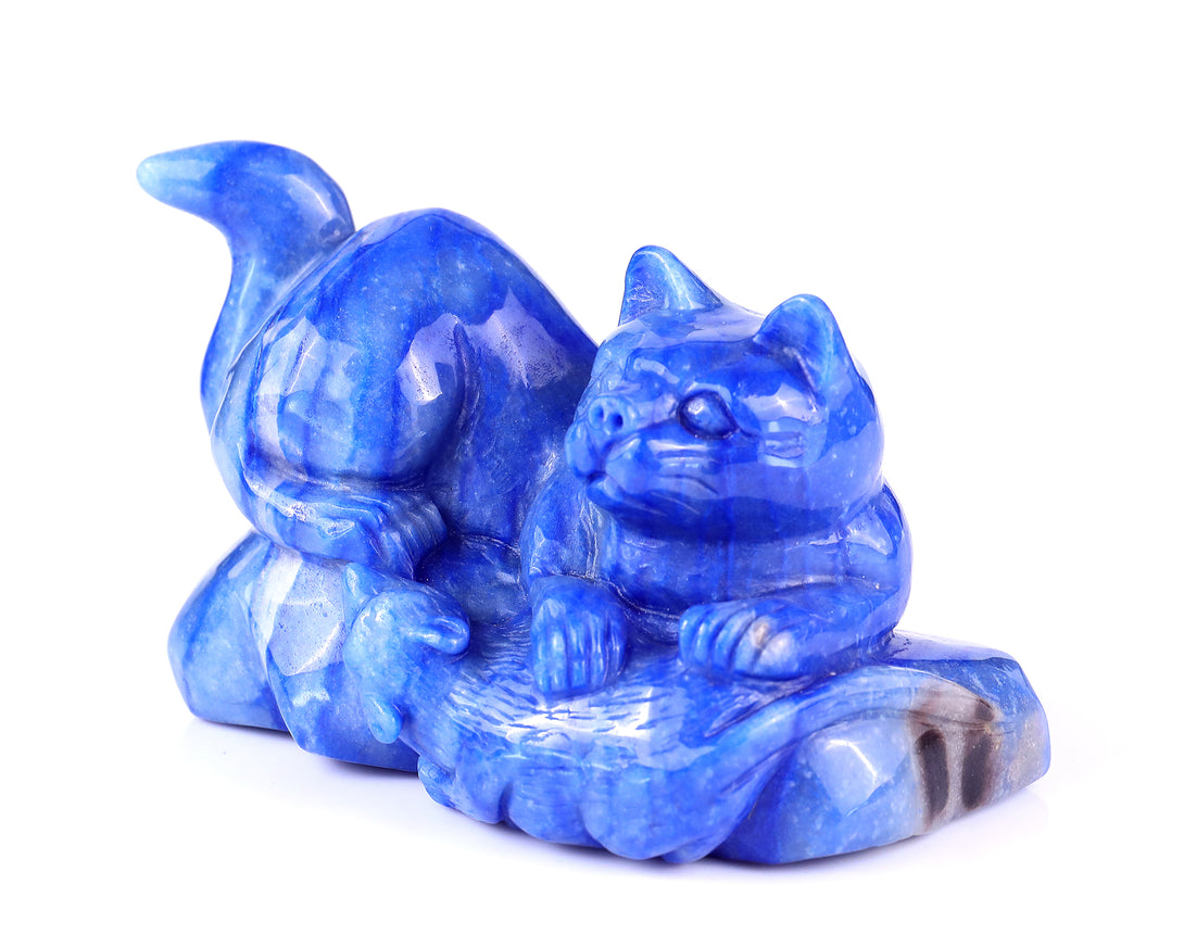 5.3" Blue Aventurine Hand Carved Crystal Cat and Mouse Sculpture crysvibe