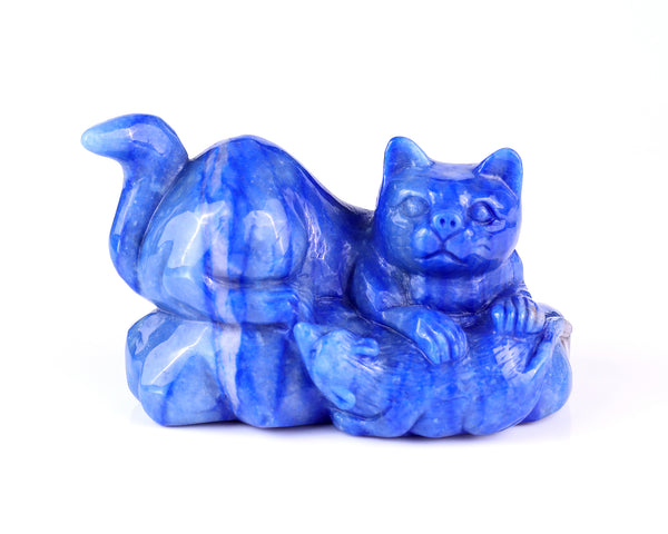 5.3" Blue Aventurine Hand Carved Crystal Cat and Mouse Sculpture crysvibe