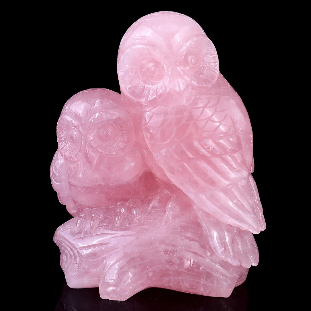 5.3" Rose Quartz Hand Carved Crystal Owls Sculpture crysvibe