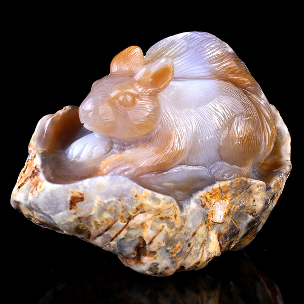 5.4" Chalcedony Hand Carved Crystal Squirrel Sculpture crysvibe