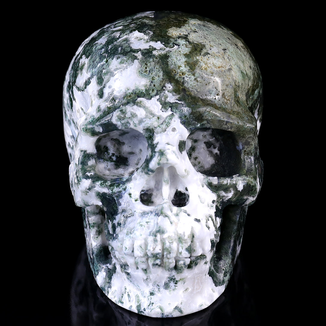 5.4" Moss Agate Hand Carved Crystal Realistic Skull Sculpture crysvibe