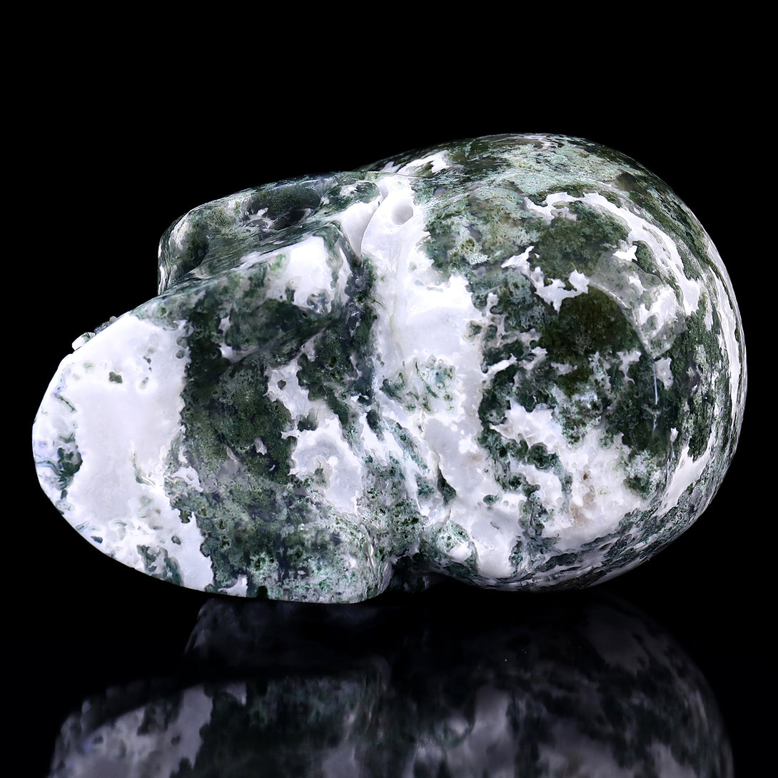 5.4" Moss Agate Hand Carved Crystal Realistic Skull Sculpture crysvibe