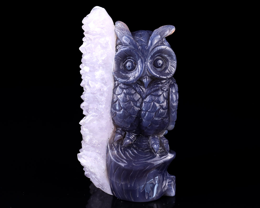 5.5" Quartz Rock Druse Hand Carved Crystal Owl Sculpture crysvibe