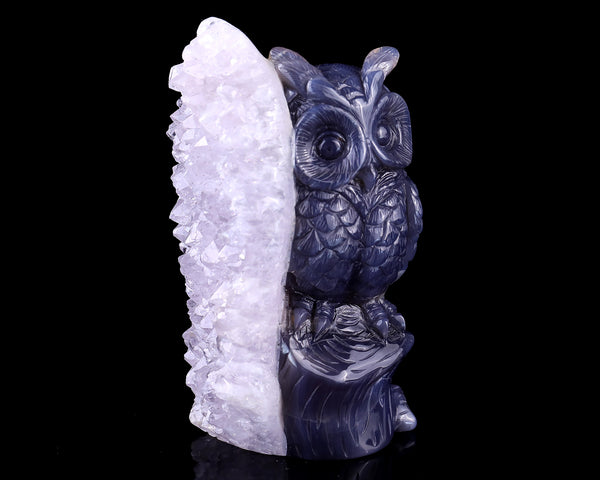 5.5" Quartz Rock Druse Hand Carved Crystal Owl Sculpture crysvibe