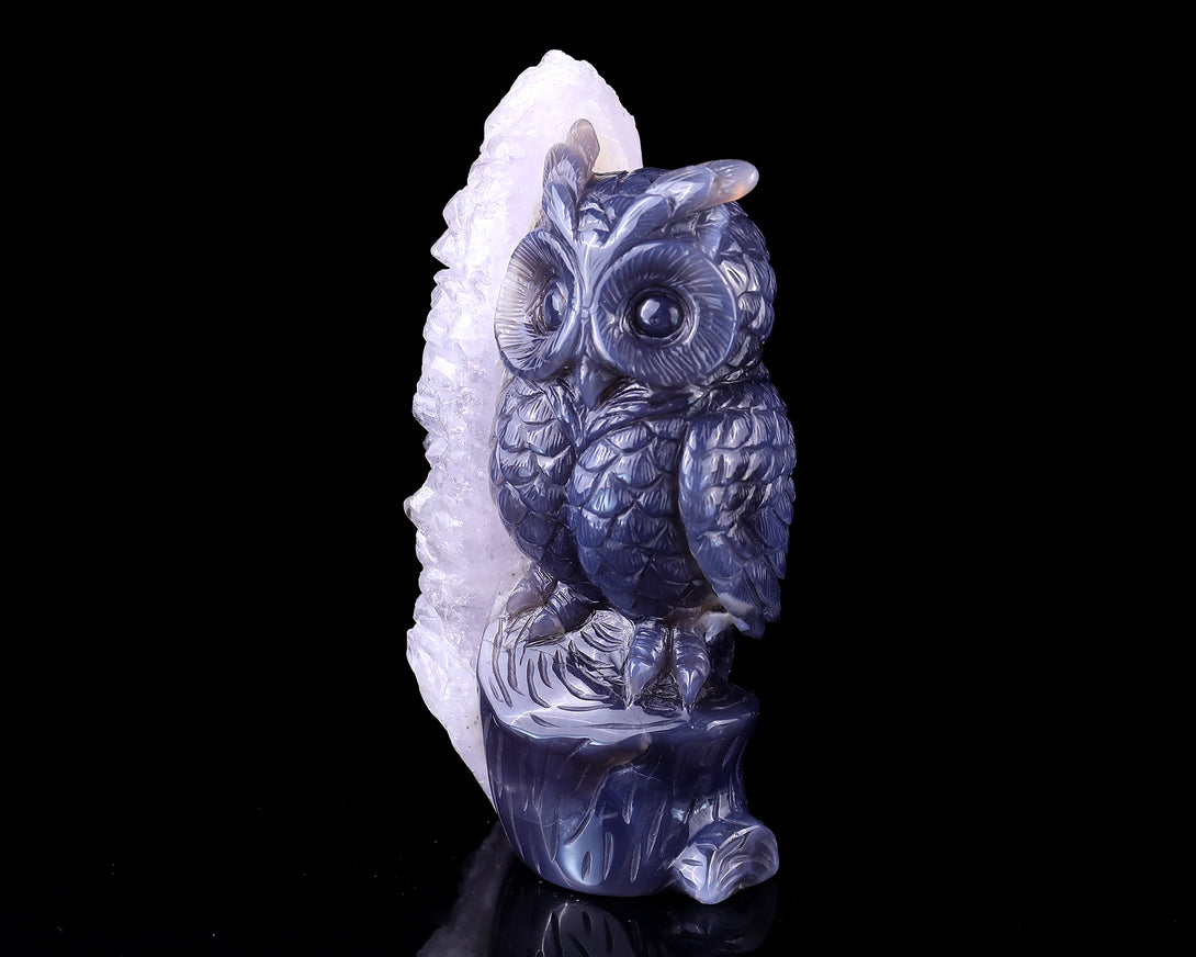 5.5" Quartz Rock Druse Hand Carved Crystal Owl Sculpture crysvibe