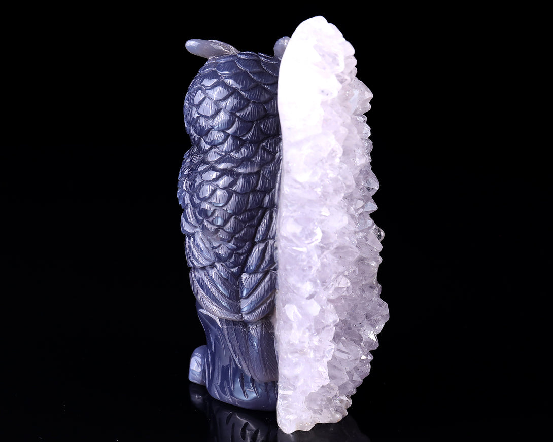 5.5" Quartz Rock Druse Hand Carved Crystal Owl Sculpture crysvibe