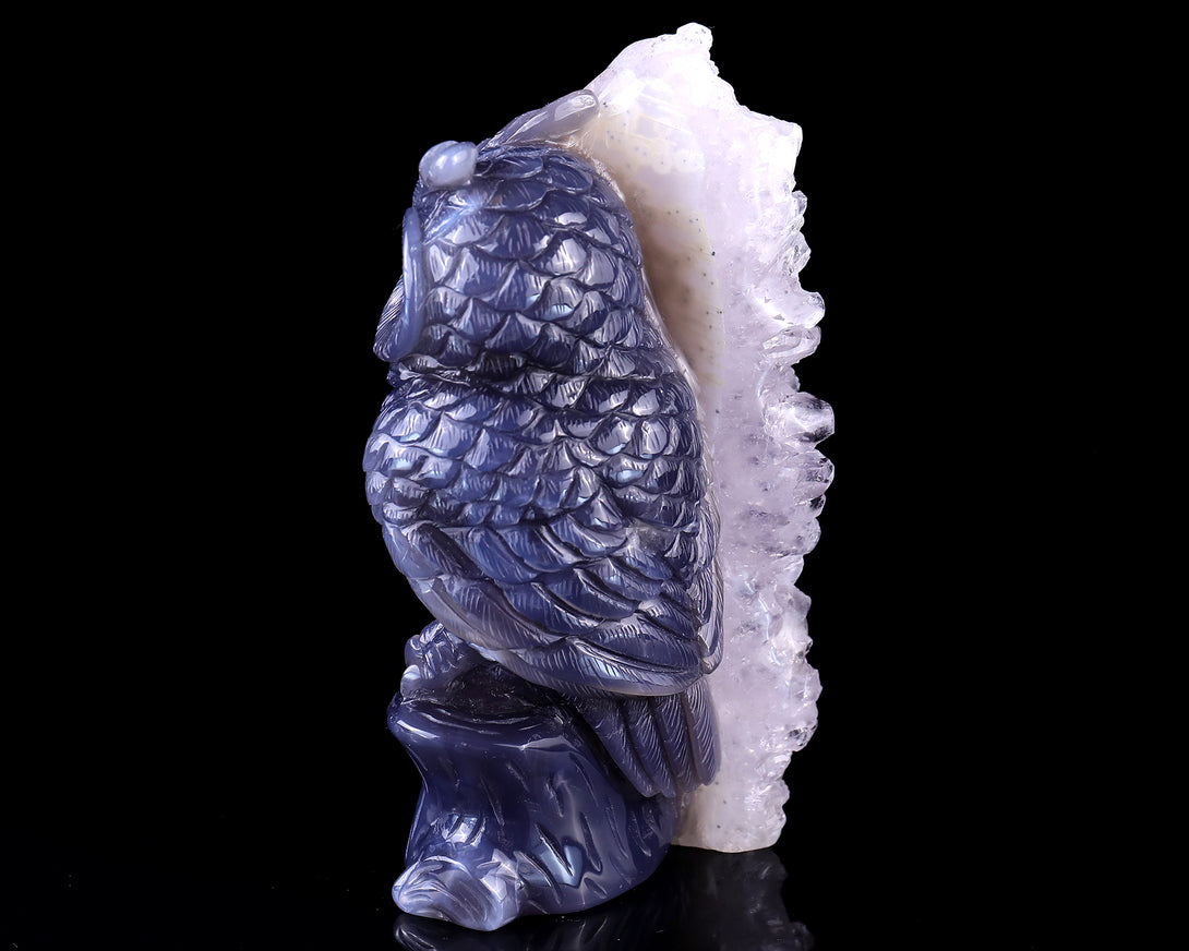 5.5" Quartz Rock Druse Hand Carved Crystal Owl Sculpture crysvibe