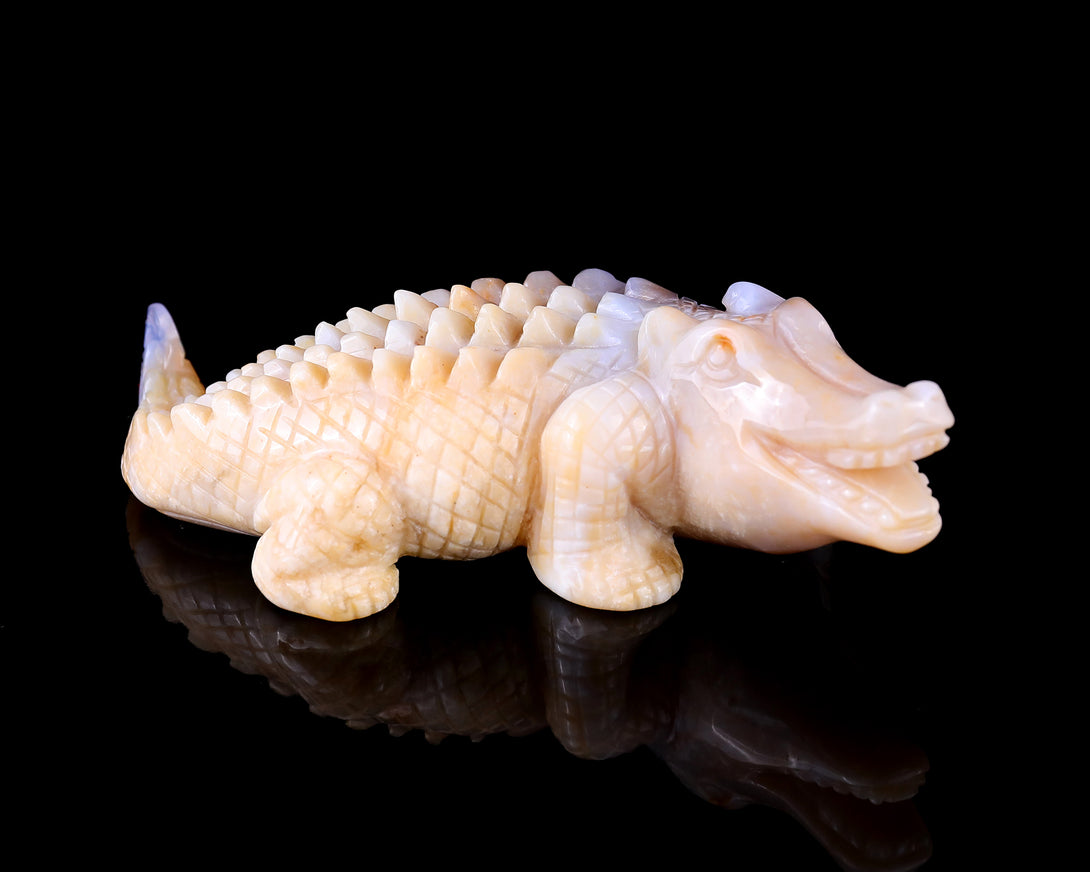 5.6" Chalcedony Hand Carved Crystal Crocodile Sculpture crysvibe