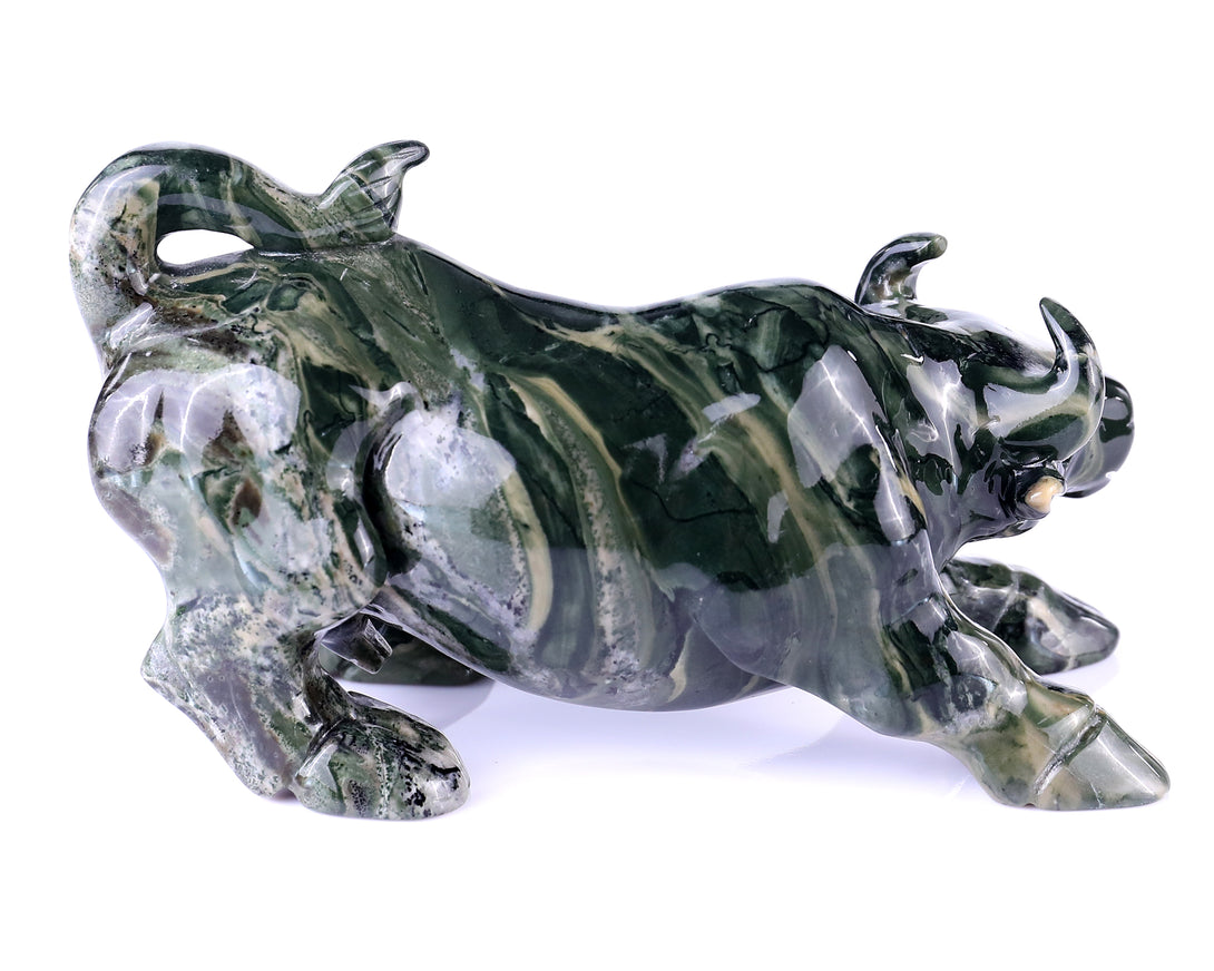 5.7" Jiulong Jade Hand Carved Crystal Cattle Sculpture crysvibe