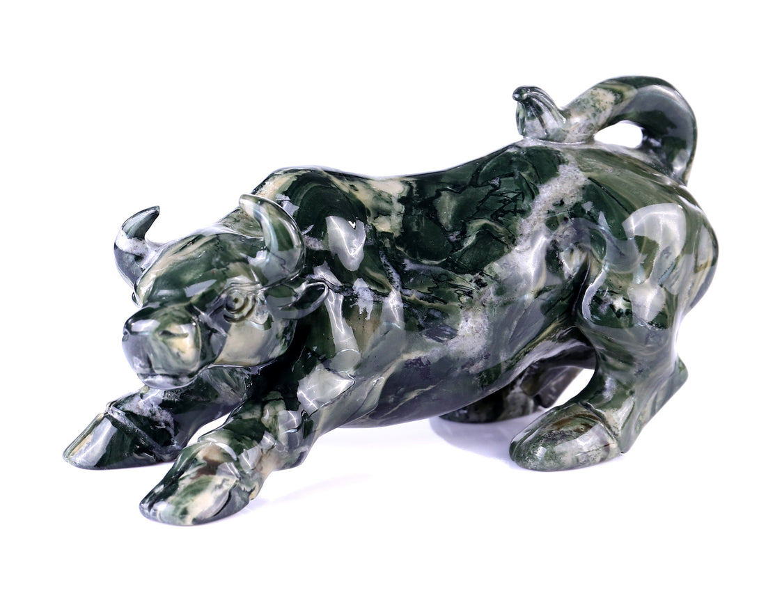 5.7" Jiulong Jade Hand Carved Crystal Cattle Sculpture crysvibe