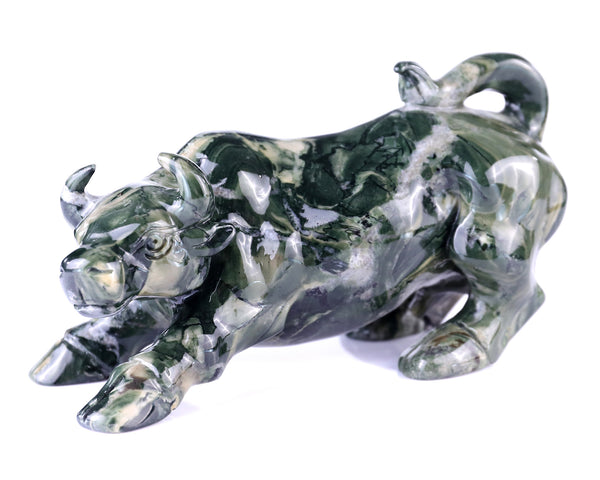 5.7" Jiulong Jade Hand Carved Crystal Cattle Sculpture crysvibe