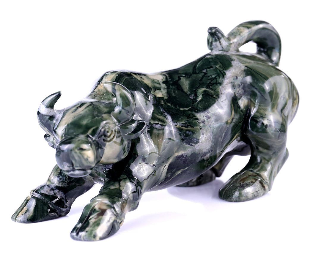 5.7" Jiulong Jade Hand Carved Crystal Cattle Sculpture crysvibe