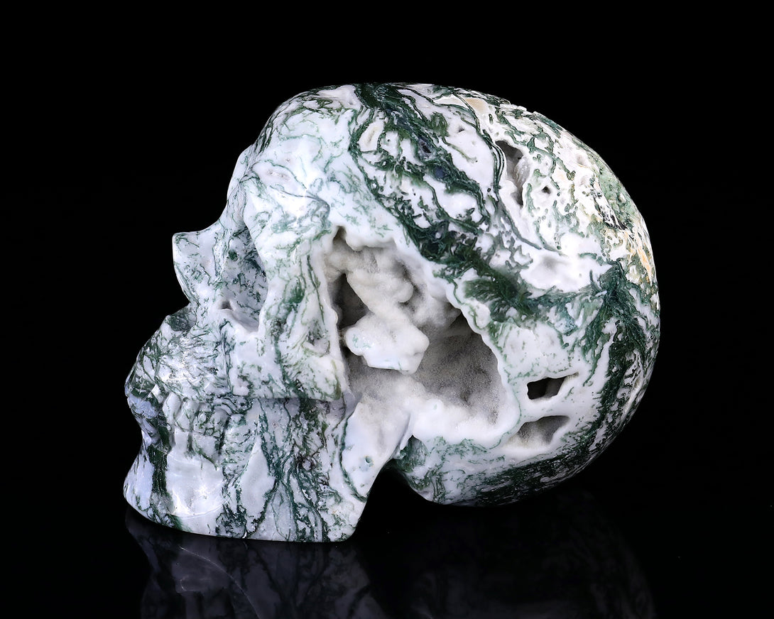 5.7" Moss Agate Hand Carved Crystal Realistic Skull Sculpture crysvibe