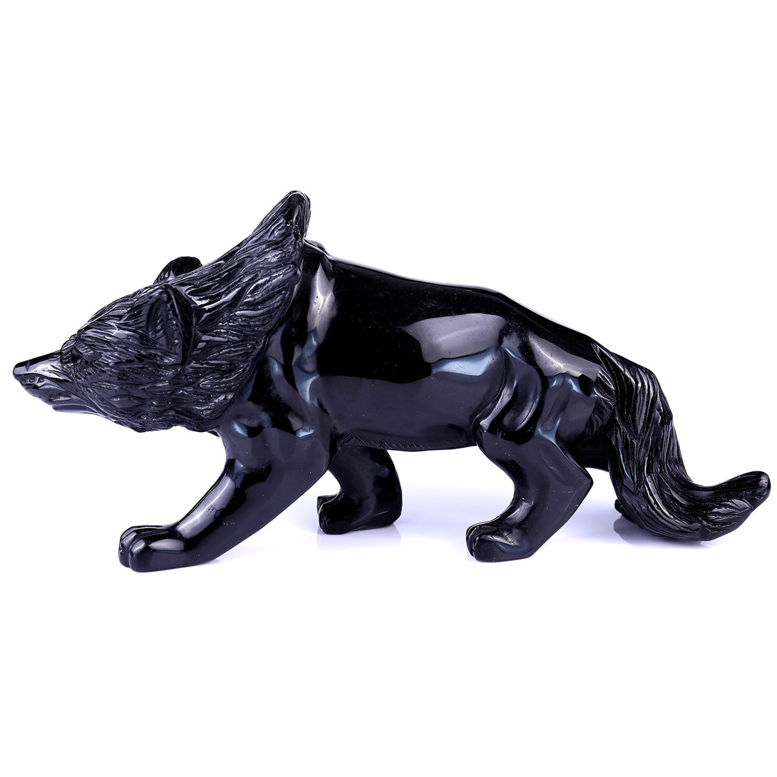 5.9" Black Obsidian Hand Carved Crystal Wolf Sculpture crysvibe