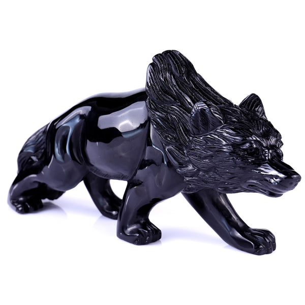 5.9" Black Obsidian Hand Carved Crystal Wolf Sculpture crysvibe