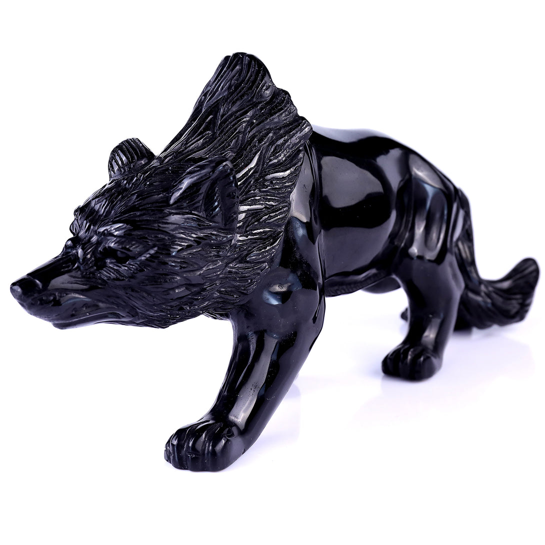 5.9" Black Obsidian Hand Carved Crystal Wolf Sculpture crysvibe