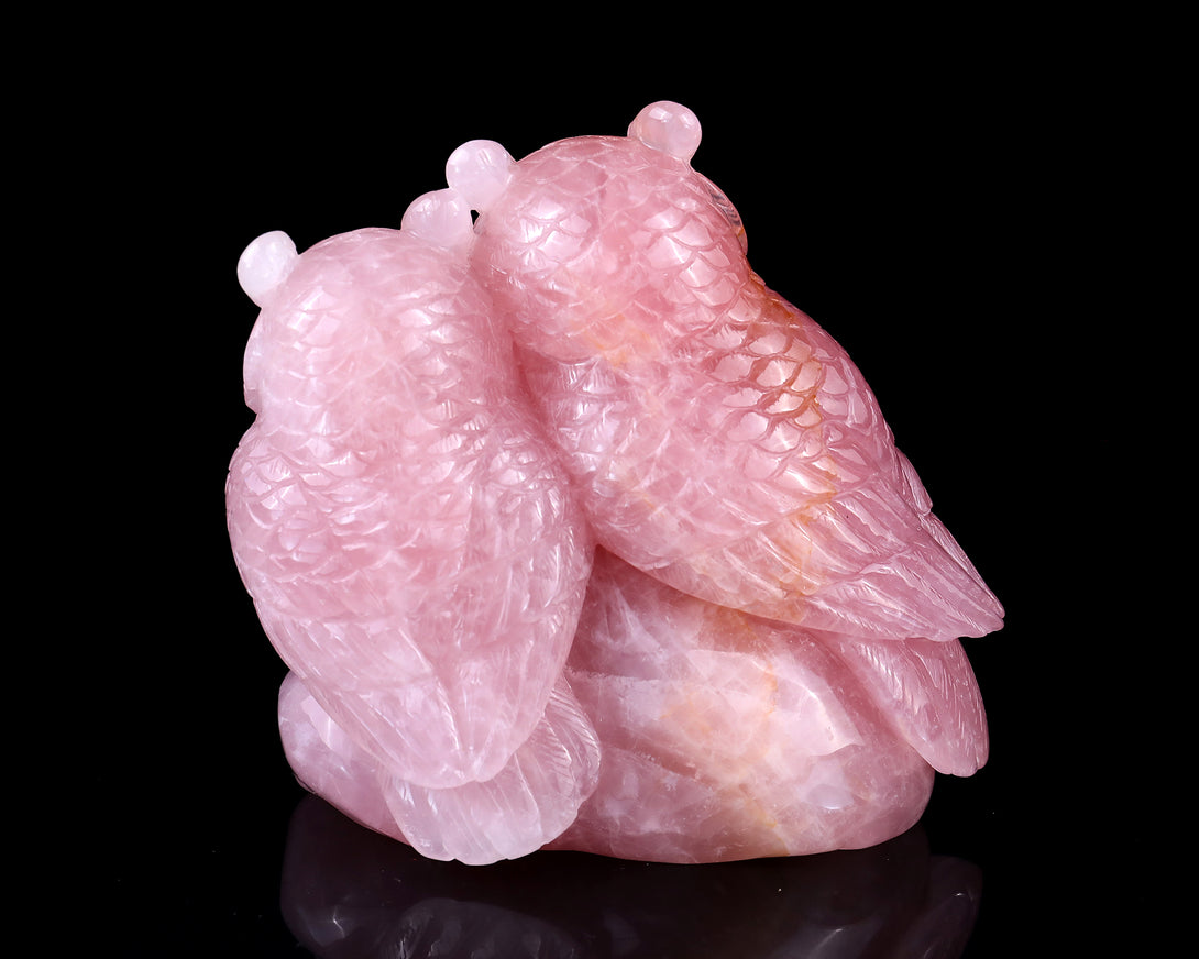 5.9" Rose Quartz Hand Carved Crystal Owls Sculpture crysvibe