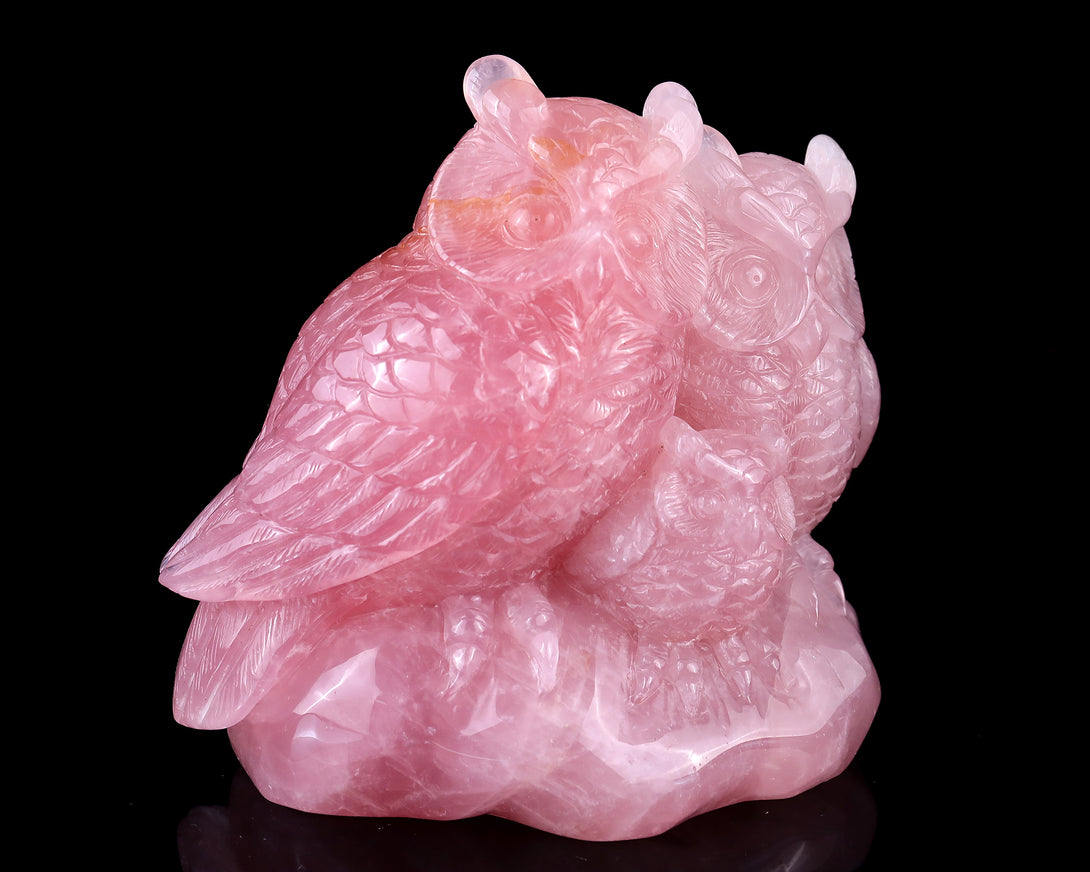 5.9" Rose Quartz Hand Carved Crystal Owls Sculpture crysvibe