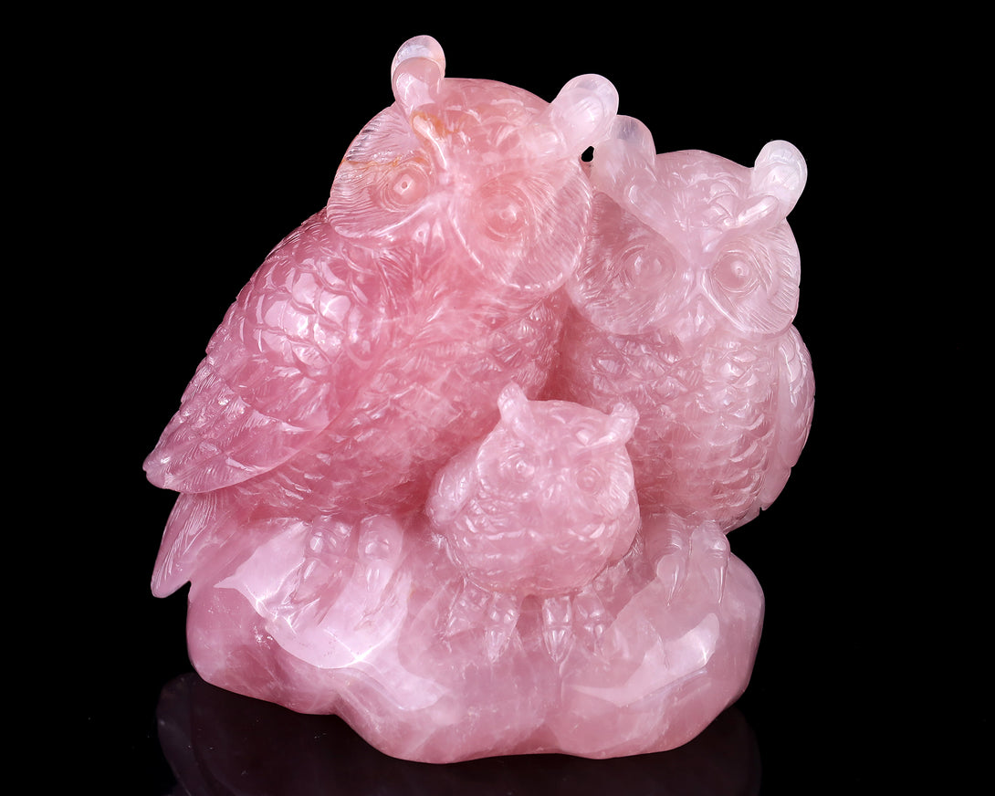 5.9" Rose Quartz Hand Carved Crystal Owls Sculpture crysvibe