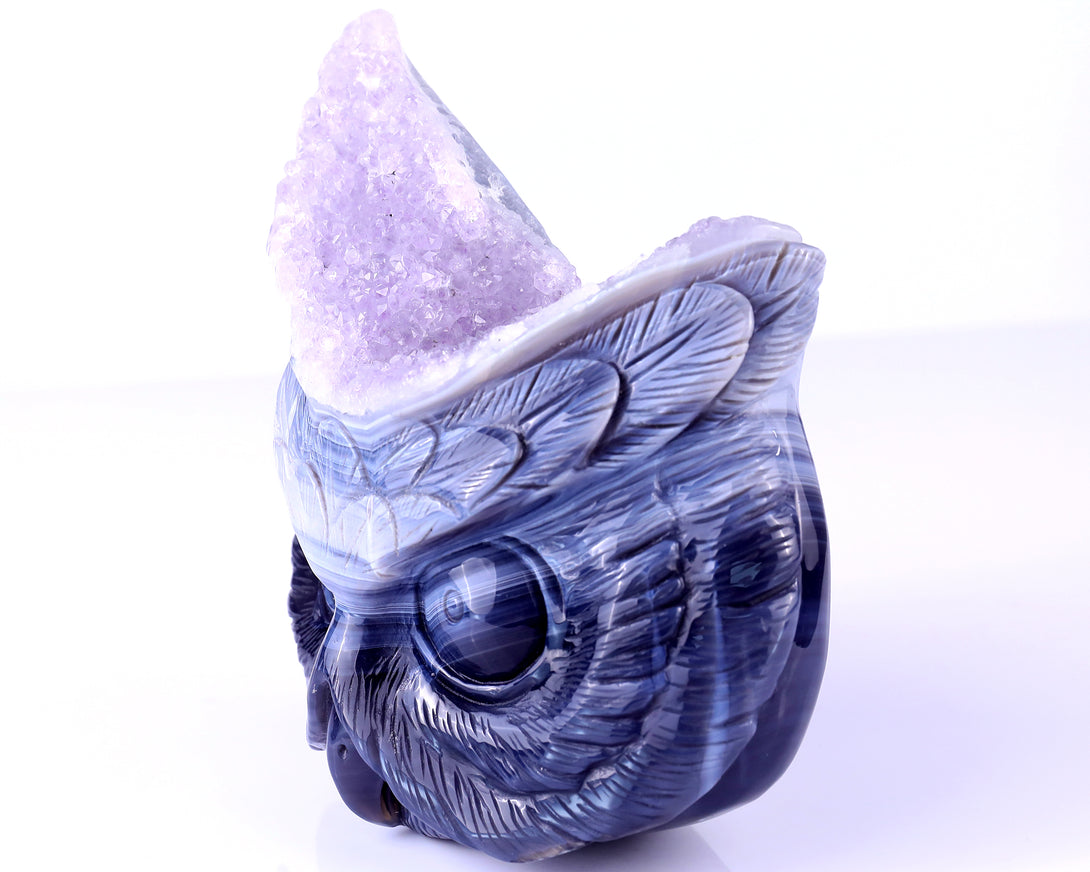 6.3" Amethyst Druse Agate Hand Carved Crystal Owl Sculpture crysvibe