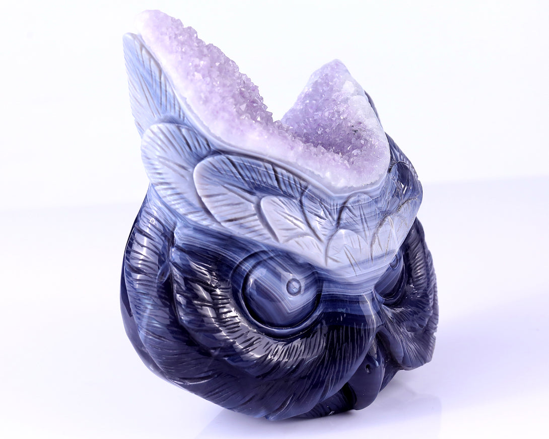 6.3" Amethyst Druse Agate Hand Carved Crystal Owl Sculpture crysvibe