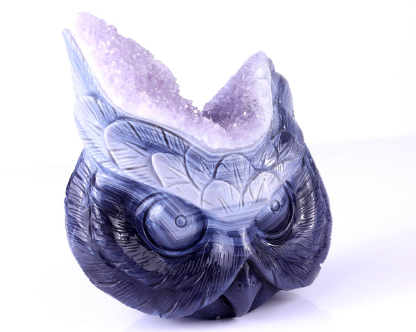 6.3" Amethyst Druse Agate Hand Carved Crystal Owl Sculpture crysvibe